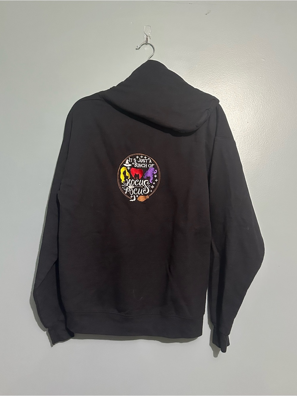 Black Hoodie with Colorful 'Hocus Pocus' Embroidered Back Design - Large
